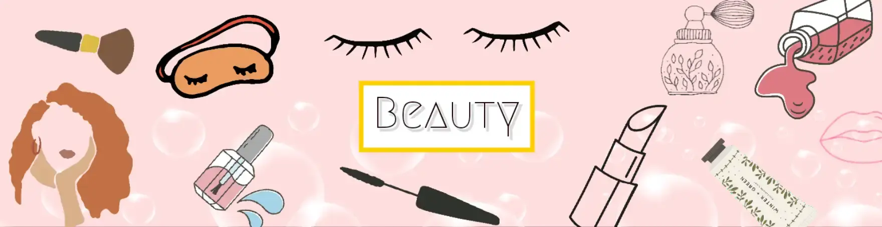 Image depicting the word 'Beauty' at the center, surrounded by a variety of beauty products including skincare, makeup, haircare, fragrances, and more.
