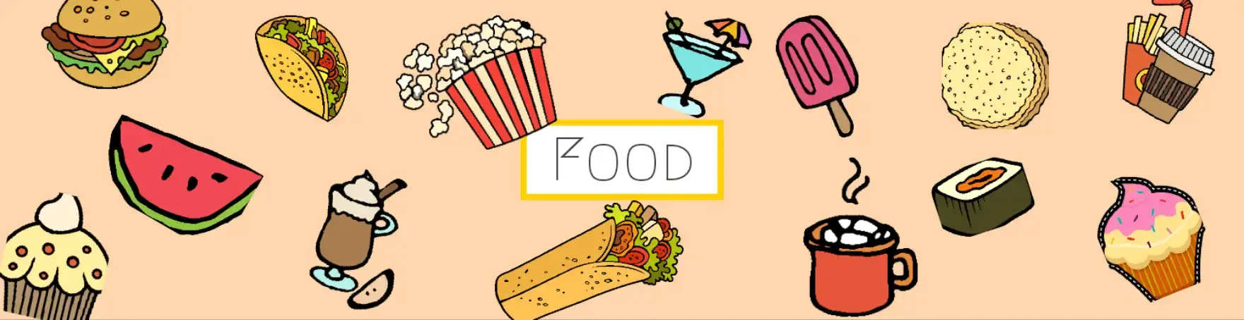 Variety of delicious dishes surrounding the word 'food' in the center