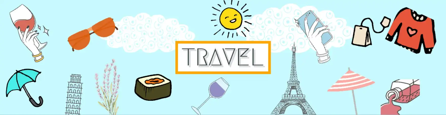 Travel topics surrounding the central word 'Travel': Destinations, food, glasses, sun and more